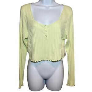 BP Scoop Neck Long Sleeve Crop Henley In Green Limecream, XL, NWT